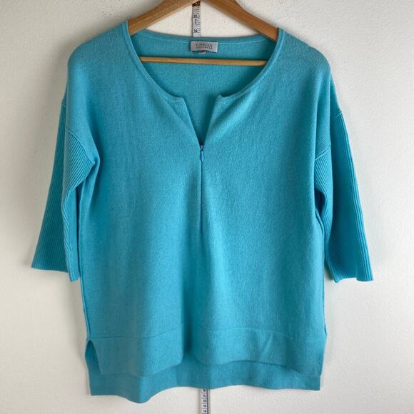 Kinross 100% Cashmere Zip Top Size M Aqua Blue Lightweight Dolman Sweater Casual - Picture 5 of 11